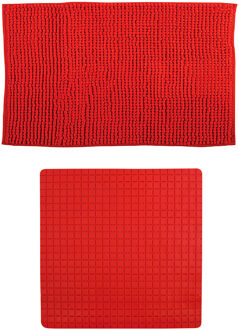 MSV Douche anti-slip mat en droogloop mat - Sevilla badkamer set - rubber/microvezel - rood - Badmatjes