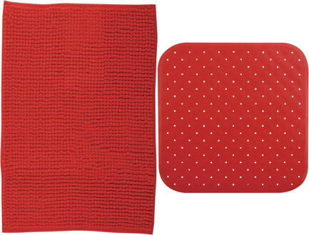 MSV Douche anti-slip mat en droogloop mat - Sevilla badkamer set - rubber/microvezel - rood - Badmatjes