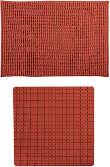 MSV Douche anti-slip mat en droogloop mat - Sevilla badkamer set - rubber/microvezel - tarracotta - Badmatjes Bruin