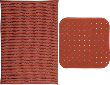 MSV Douche anti-slip mat en droogloop mat - Sevilla badkamer set - rubber/microvezel - tarracotta
