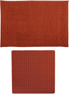 MSV Douche anti-slip mat en droogloop mat - Sevilla badkamer set - rubber/microvezel - terracotta - Badmatjes Bruin