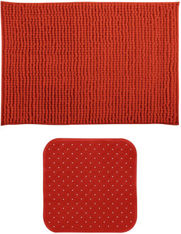 MSV Douche anti-slip mat en droogloop mat - Sevilla badkamer set - rubber/microvezel - terracotta - Badmatjes Bruin