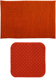 MSV Douche anti-slip mat en droogloop mat - Sevilla badkamer set - rubber/microvezel - terracotta - Badmatjes Bruin