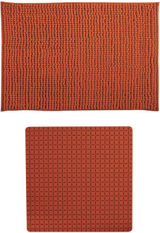 MSV Douche anti-slip mat en droogloop mat - Sevilla badkamer set - rubber/microvezel - terracotta - Badmatjes Bruin