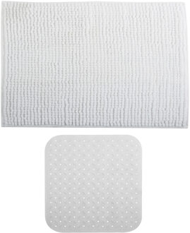 MSV Douche anti-slip mat en droogloop mat - Sevilla badkamer set - rubber/microvezel - wit - Badmatjes