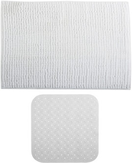MSV Douche anti-slip mat en droogloop mat - Sevilla badkamer set - rubber/microvezel - wit