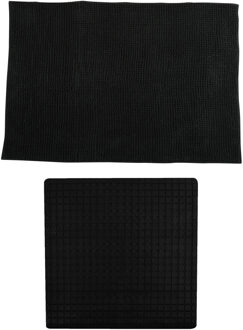 MSV Douche anti-slip mat en droogloop mat - Sevilla badkamer set - rubber/microvezel - zwart - Badmatjes