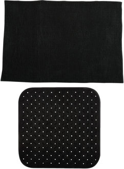 MSV Douche anti-slip mat en droogloop mat - Sevilla badkamer set - rubber/microvezel - zwart - Badmatjes