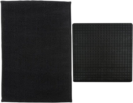 MSV Douche anti-slip mat en droogloop mat - Sevilla badkamer set - rubber/microvezel - zwart - Badmatjes