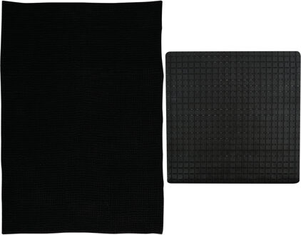 MSV Douche anti-slip mat en droogloop mat - Sevilla badkamer set - rubber/microvezel - zwart - Badmatjes