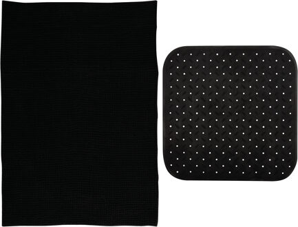 MSV Douche anti-slip mat en droogloop mat - Sevilla badkamer set - rubber/microvezel - zwart - Badmatjes