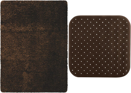 MSV Douche anti-slip mat en droogloop mat - Venice badkamer set - rubber/microvezel - bruin - Badmatjes