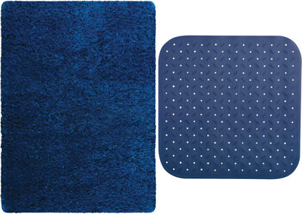 MSV Douche anti-slip mat en droogloop mat - Venice badkamer set - rubber/microvezel - donkerblauw - Badmatjes