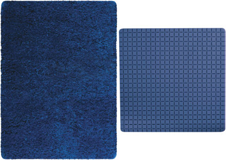 MSV Douche anti-slip mat en droogloop mat - Venice badkamer set - rubber/microvezel - donkerblauw - Badmatjes