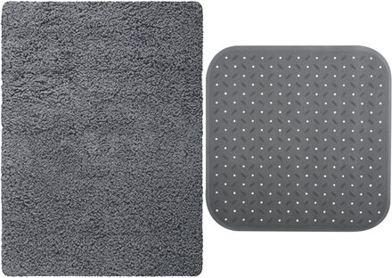 MSV Douche anti-slip mat en droogloop mat - Venice badkamer set - rubber/microvezel - donkergrijs