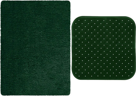 MSV Douche anti-slip mat en droogloop mat - Venice badkamer set - rubber/microvezel - donkergroen - Badmatjes