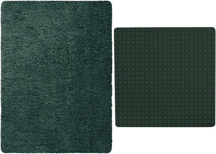 MSV Douche anti-slip mat en droogloop mat - Venice badkamer set - rubber/microvezel - donkergroen - Badmatjes