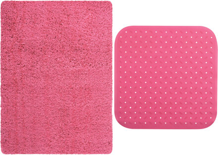 MSV Douche anti-slip mat en droogloop mat - Venice badkamer set - rubber/microvezel - fuchsia roze - Badmatjes