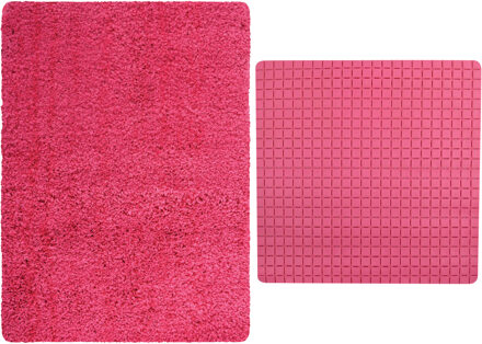 MSV Douche anti-slip mat en droogloop mat - Venice badkamer set - rubber/microvezel - fuchsia roze - Badmatjes