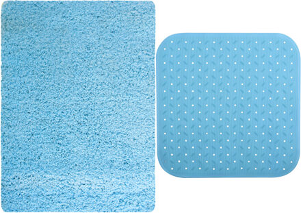 MSV Douche anti-slip mat en droogloop mat - Venice badkamer set - rubber/microvezel - lichtblauw - Badmatjes