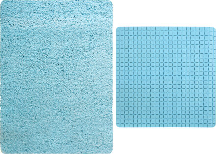 MSV Douche anti-slip mat en droogloop mat - Venice badkamer set - rubber/microvezel - lichtblauw