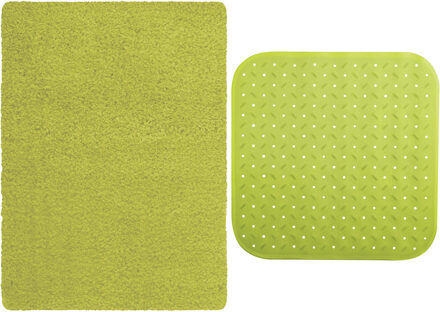 MSV Douche anti-slip mat en droogloop mat - Venice badkamer set - rubber/microvezel - limegroen - Badmatjes