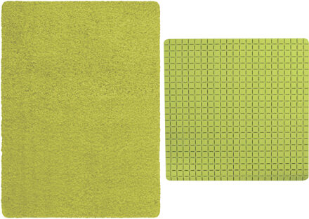 MSV Douche anti-slip mat en droogloop mat - Venice badkamer set - rubber/microvezel - limegroen - Badmatjes