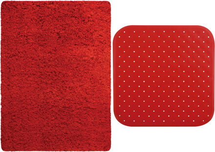 MSV Douche anti-slip mat en droogloop mat - Venice badkamer set - rubber/microvezel - rood - Badmatjes