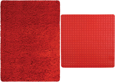 MSV Douche anti-slip mat en droogloop mat - Venice badkamer set - rubber/microvezel - rood - Badmatjes