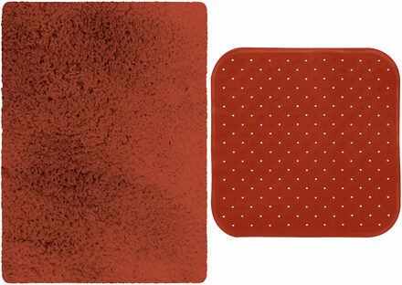 MSV Douche anti-slip mat en droogloop mat - Venice badkamer set - rubber/microvezel - terracotta - Badmatjes Bruin