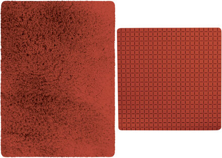 MSV Douche anti-slip mat en droogloop mat - Venice badkamer set - rubber/microvezel - terracotta - Badmatjes Bruin