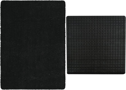 MSV Douche anti-slip mat en droogloop mat - Venice badkamer set - rubber/microvezel - zwart - Badmatjes