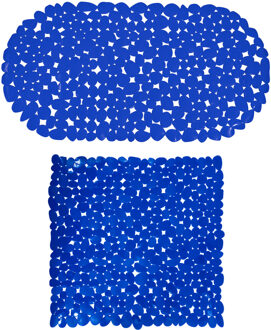 MSV Douche/bad anti-slip matten set badkamer - pvc - 2x stuks - donkerblauw - 2 formaten