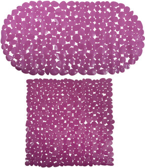 MSV Douche/bad anti-slip matten set badkamer - pvc - 2x stuks - paars - 2 formaten