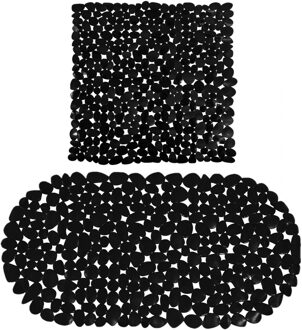 MSV Douche/bad anti-slip matten set badkamer - pvc - 2x stuks - zwart - 2 formaten