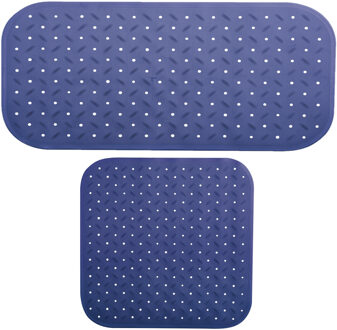 MSV Douche/bad anti-slip matten set badkamer - rubber - 2x stuks - donkerblauw - 2 formaten - Badmatjes