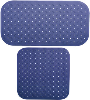 MSV Douche/bad anti-slip matten set badkamer - rubber - 2x stuks - donkerblauw - 2 formaten
