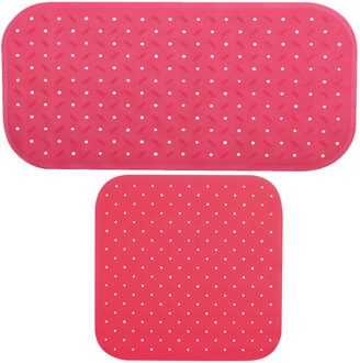 MSV Douche/bad anti-slip matten set badkamer - rubber - 2x stuks - fuchsia roze - 2 formaten - Badmatjes