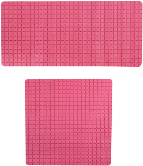 MSV Douche/bad anti-slip matten set badkamer - rubber - 2x stuks - fuchsia roze - 2 formaten - Badmatjes