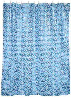 MSV Douchegordijn met ringen - blauw tegels patroon - PVC - 180 x 200 cm - wasbaar - Douchegordijnen