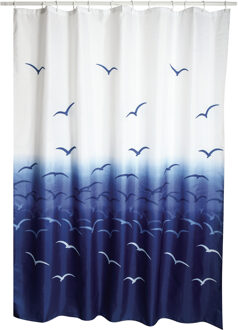 MSV Douchegordijn met ringen - wit/blauw - vogels print - Polyester - 180 x 200 cm - wasbaar