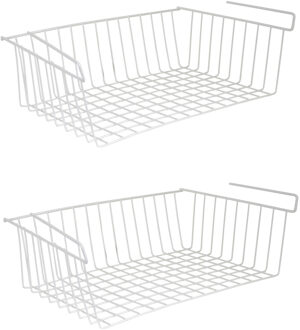 MSV Kastmandje - 2x - opberg/hang mandjes - rvs - wit - 38 x 26 x 14 cm - Opbergmanden