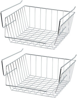 MSV Kastmandje - 2x - opberg/hang mandjes - rvs - zilver - 33 x 27 x 13 cm - Opbergmanden Zilverkleurig