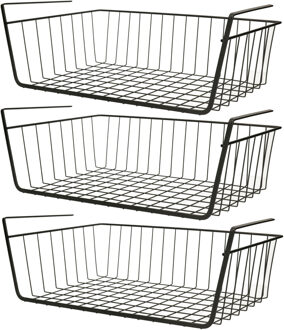 MSV Kastmandje - 3x - opberg/hang mandjes - rvs - zwart - 39 x 25 x 14 cm