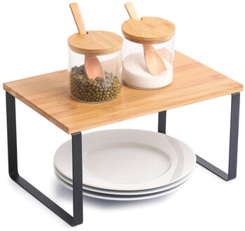 MSV Keukenrek/opbergrek/aanrecht organizer - 30 x 20 x 16 cm - zwart - metaal/bamboe hout
