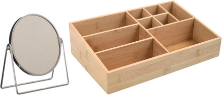 MSV Make-up organizer 9 vaks en spiegel set - 33 x 21 cm - bamboe/metaal - bruin/zilver - 3x zoom