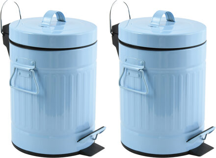 MSV Prullenbak/pedaalemmer - 2x - Industrial - metaal - pastel blauw - 3 liter - 17 x 26 cm - Badkamer/t