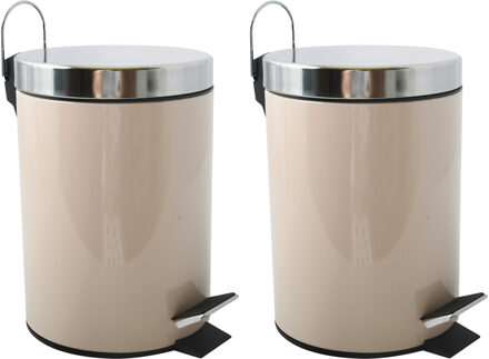 MSV Prullenbak/pedaalemmer - 2x - metaal - beige - 3 liter - 17 x 25 cm - Badkamer/toilet - Pedaalemmers