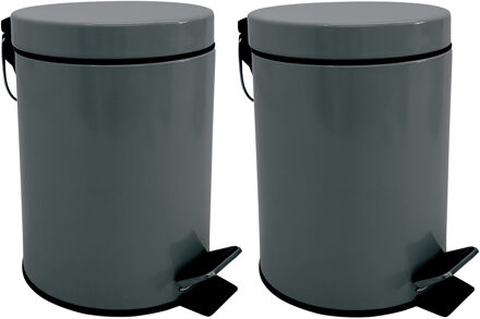 MSV Prullenbak/pedaalemmer - 2x - metaal - donkergrijs - 3 liter - 17 x 25 cm - Badkamer/toilet - Pedaalemmers