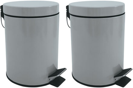 MSV Prullenbak/pedaalemmer - 2x - metaal - grijs - 3 liter - 17 x 25 cm - Badkamer/toilet - Pedaalemmers